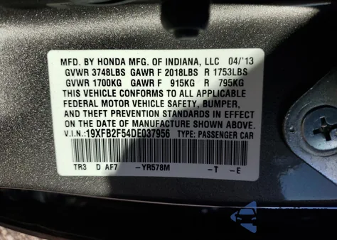 2013 Honda Civic Lx из США, поврежденный, VIN 19XFB2F54DE037956